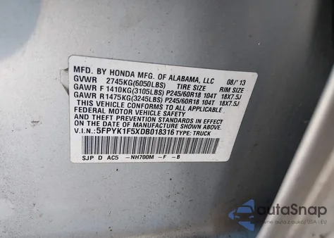 2013 Honda Ridgeline Rtl из США, поврежденный, VIN 5FPYK1F5XDB018316